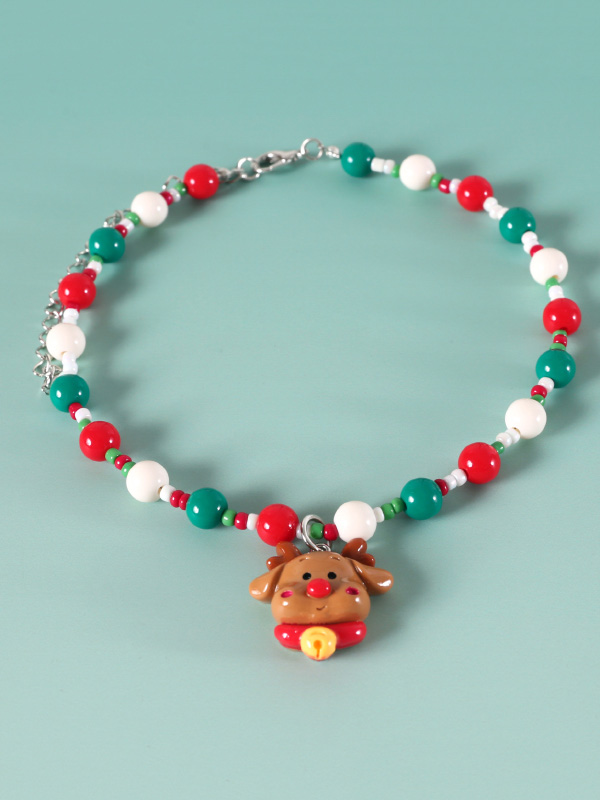 Christmas Colourful Bead Bow Elk Wreath Bell Pendant Pet Choker Accessories