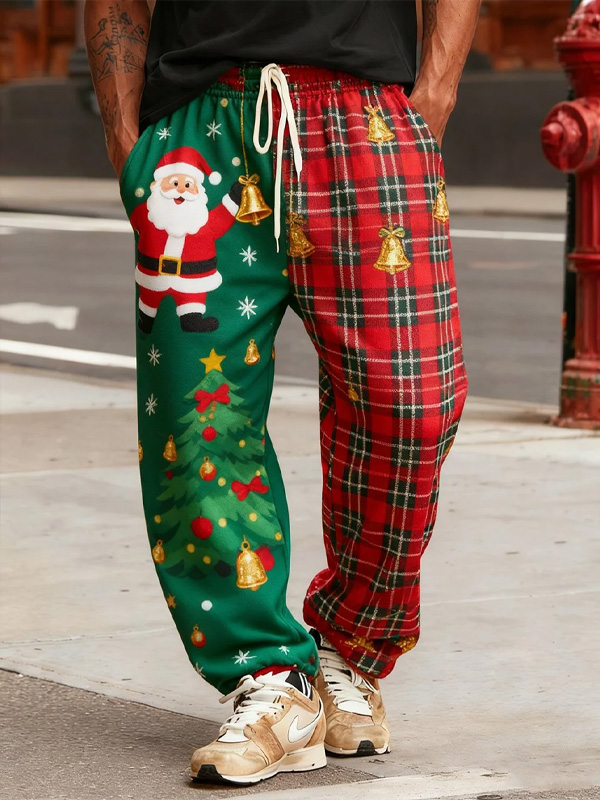 Men's Christmas Tree Santa Claus Plaid Print Sweatpants