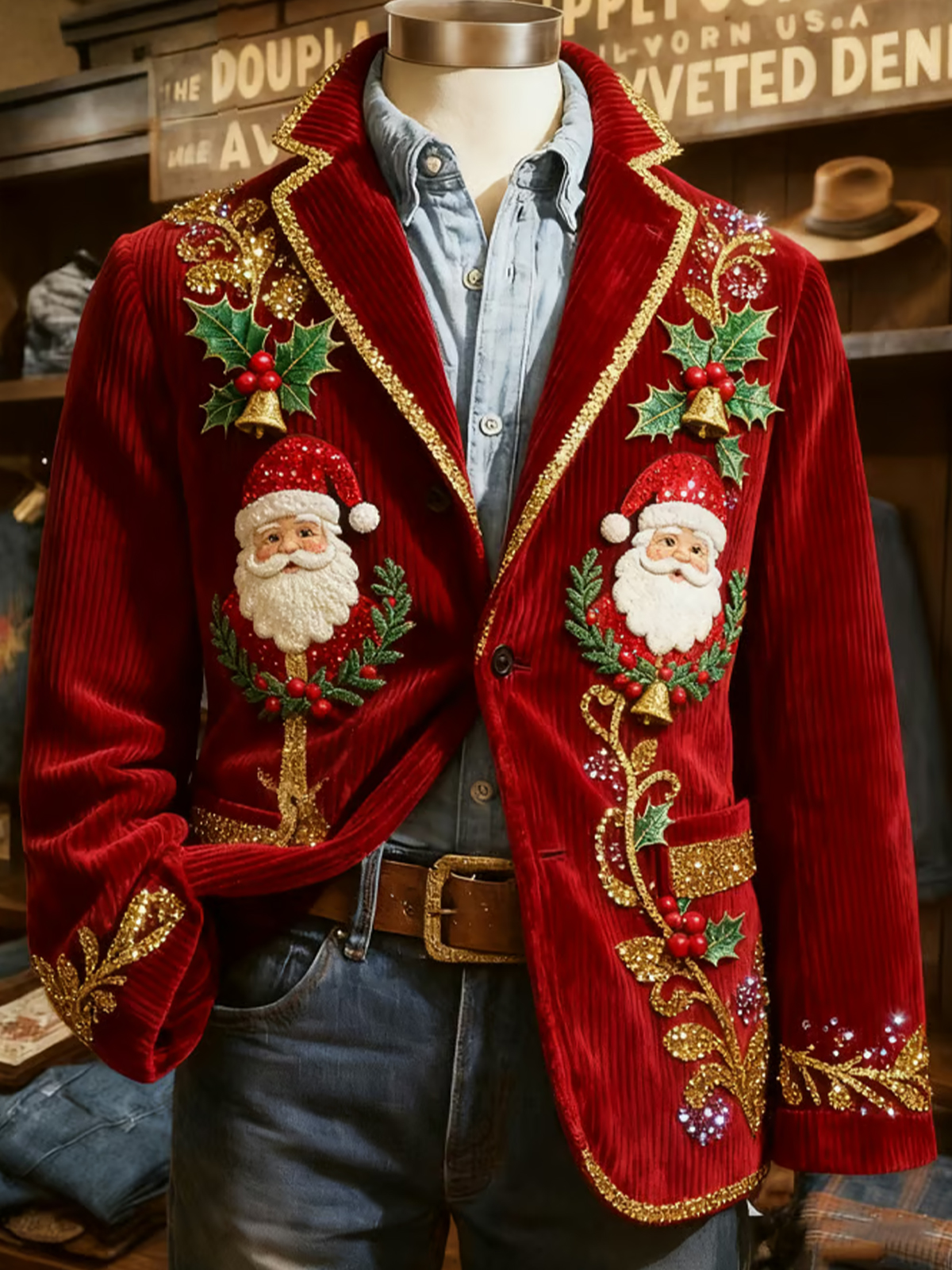 Men's Christmas Bell Holly Santa Claus Print Corduroy Blazer