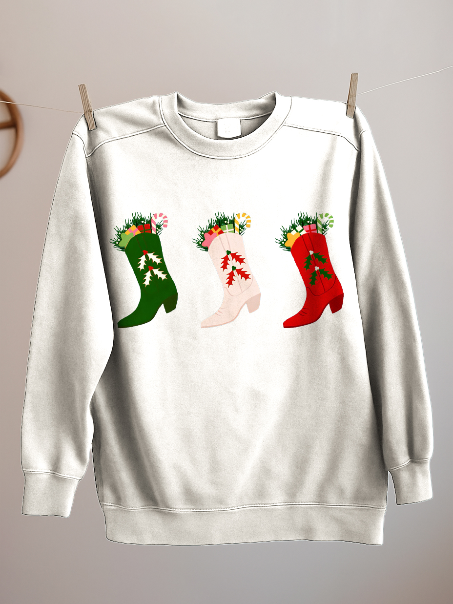 Women's Christmas Boots Graphic Print Cotton Long Sleeve T-Shirt Thin Sweatshirt