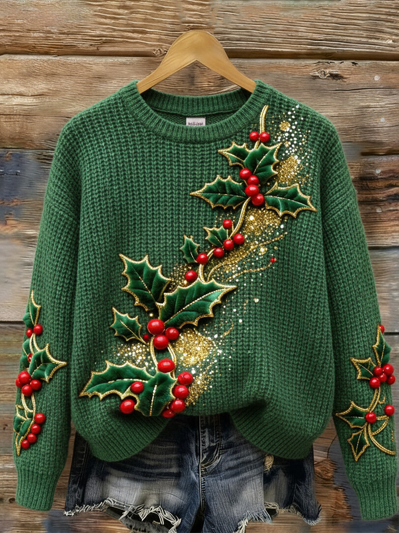 Women's Christmas Holly Sparkly Print Knit Sweatshirt