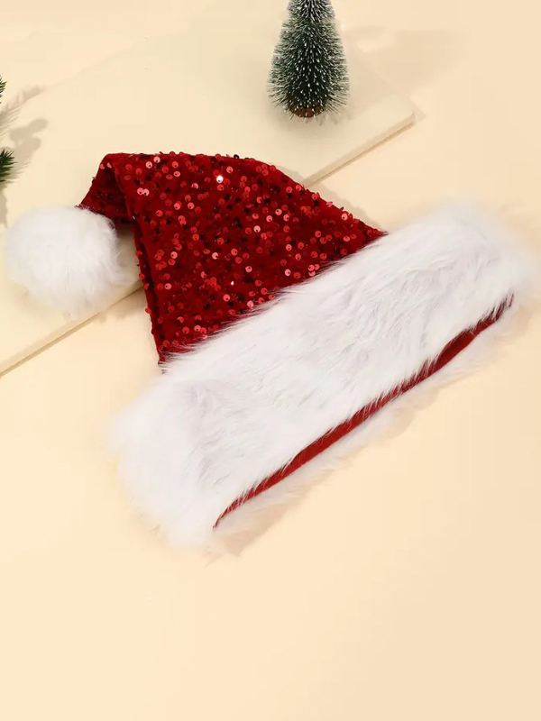 Christmas Sequin Faux Fur Trim Pom-Pom Santa Hat
