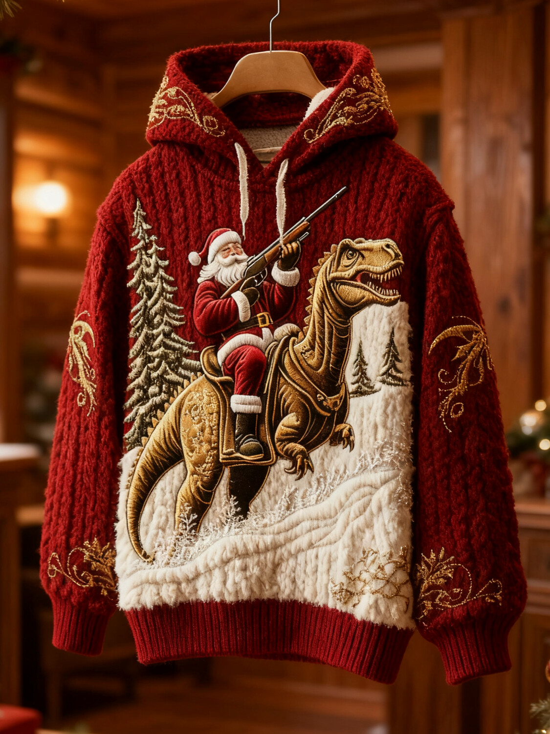 Women's Christmas Santa And Dinosaur Relief Embroidered Print Knit  Hooded Sweatshirt