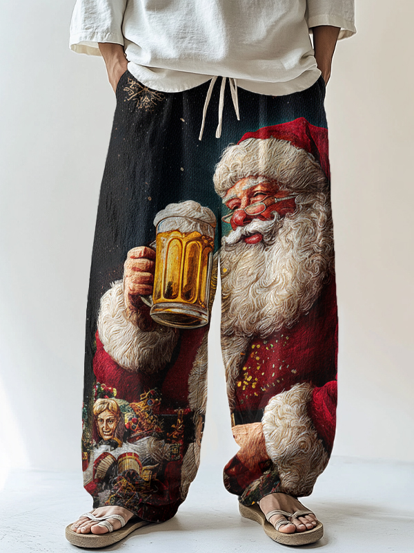 Men's Christmas Santa Claus Beer Oil Painting Print Casual Pants