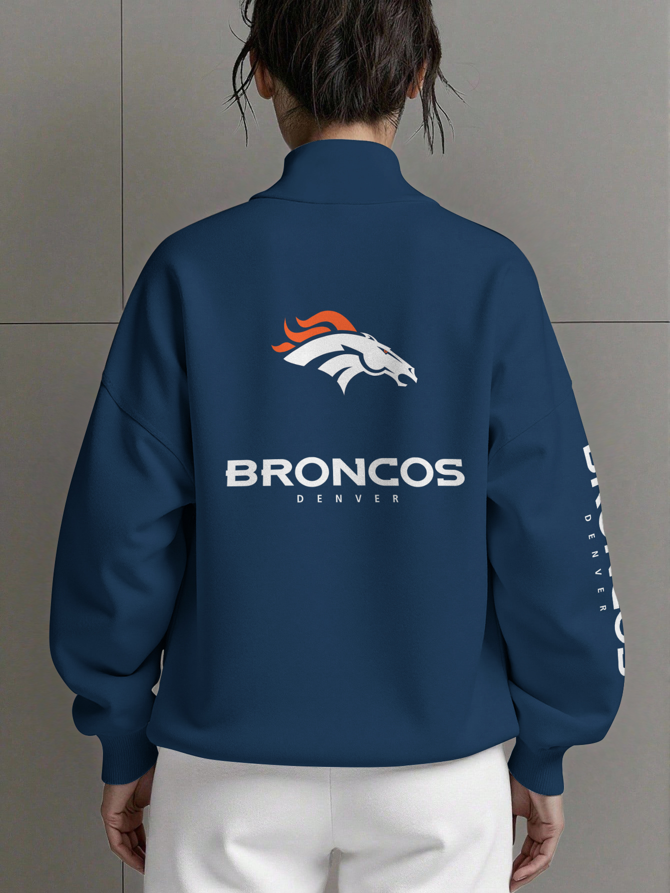 Denver Broncos  Women Plain Color Zip Up Long Sleeve Sweatshirt