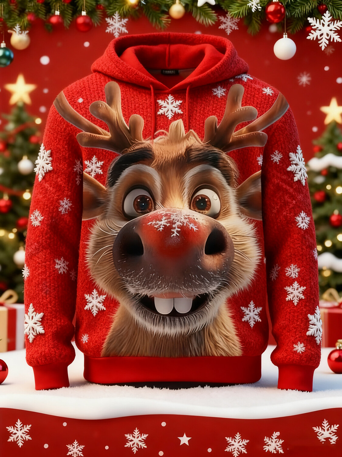 Men's Christmas Cartoon Reindeer Snowflakes Print Knit Hoodie