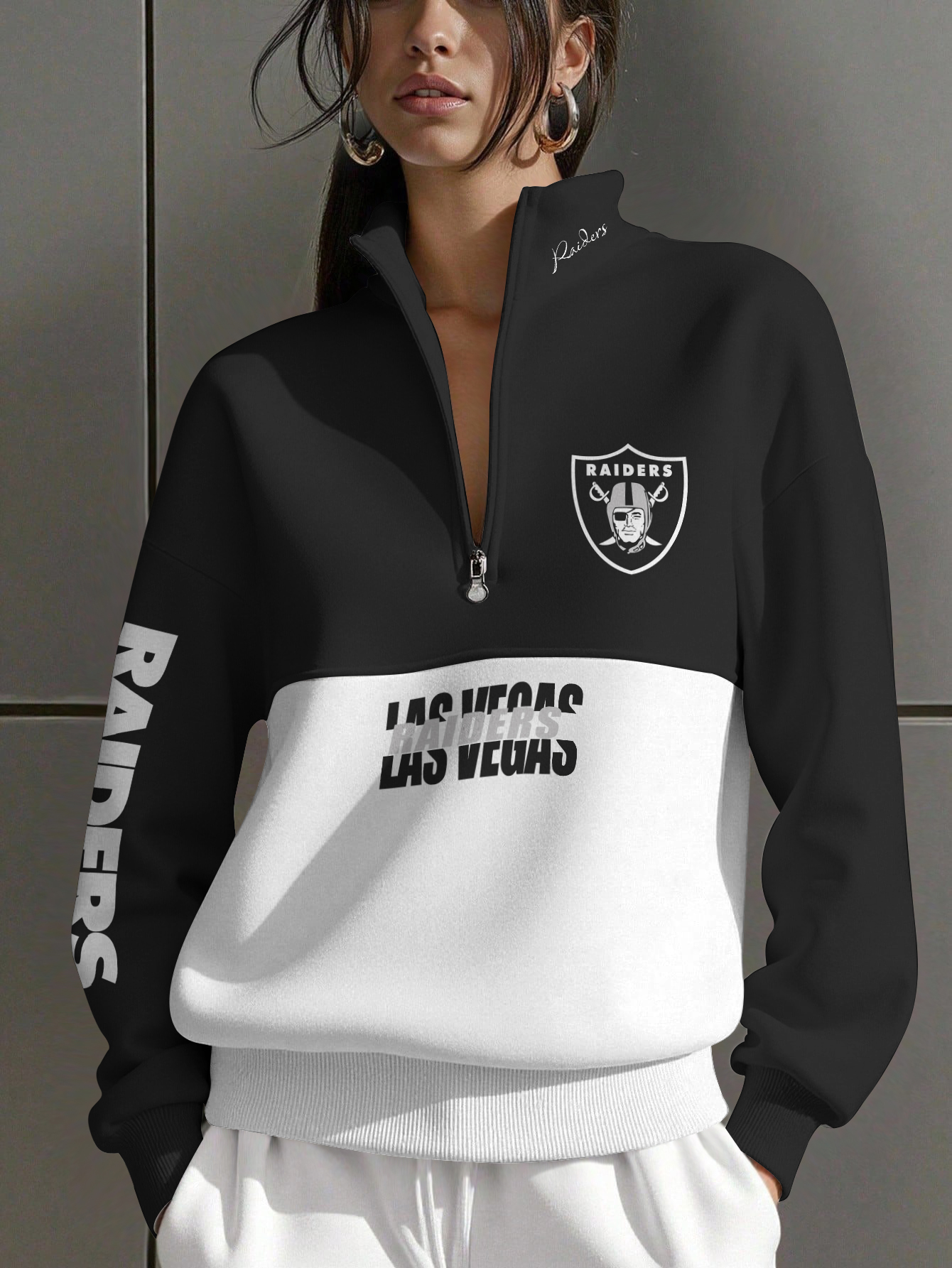 Las Vegas Raiders  Women Plain Color Zip Up Long Sleeve Sweatshirt
