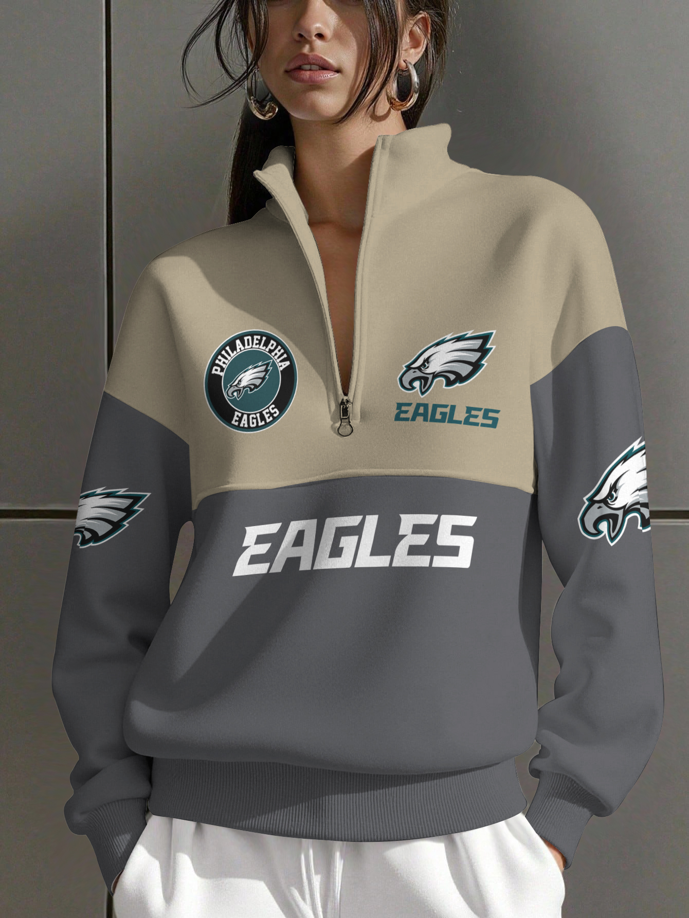 Philadelphia Eagles  Women Plain Color Zip Up Long Sleeve Sweatshirt