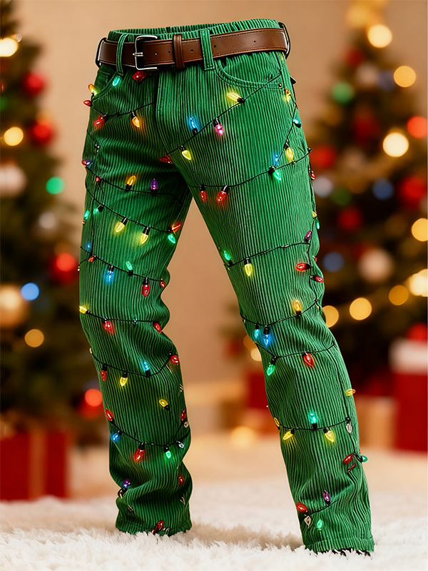 Men's Christmas Lights Pattern Print Casual Corduroy Pants