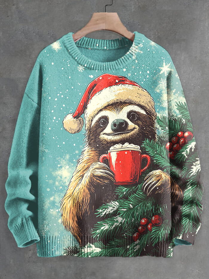 Men's Christmas Tree Sloth Vintage Art Knit Sweatshirt