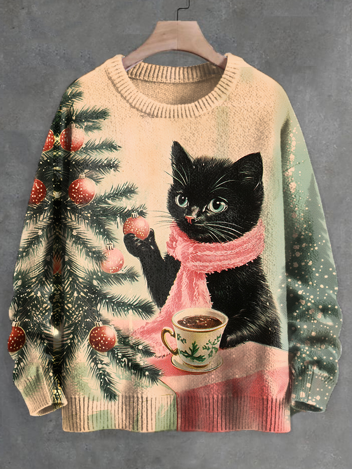 Men's Retro Black Cat Drinking Tea Pink Christmas Art Print Knit Sweatshirt