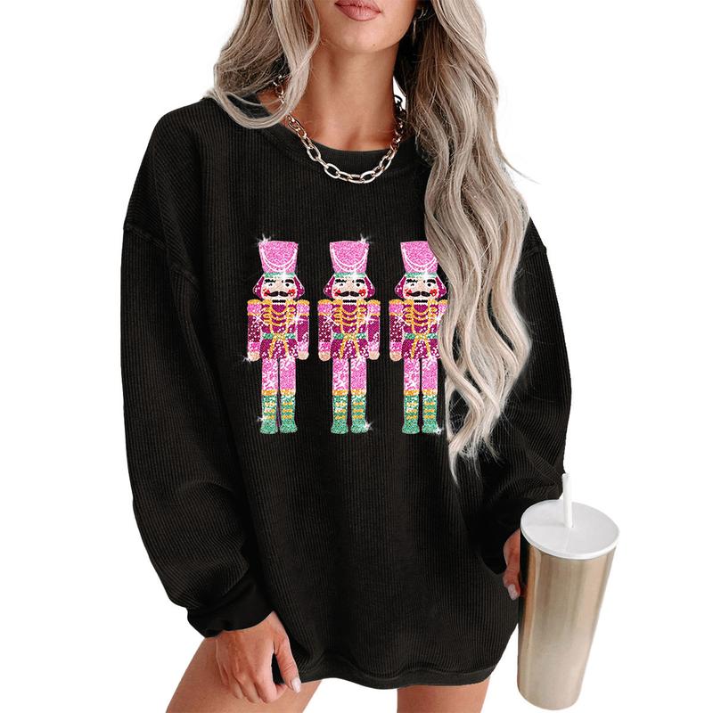 复制Women's Oversized Grass Green Corded Ribbed Christmas Sweatshirt with Sequined Santa Claus Patches,  Long Sleeve Pullover for Holiday Party,Winteroutfit