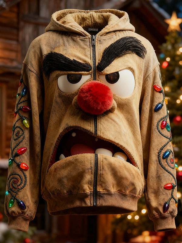 Men's 3D Grumpy Face And LED String Lights Print Hooded Zip Up Jacket