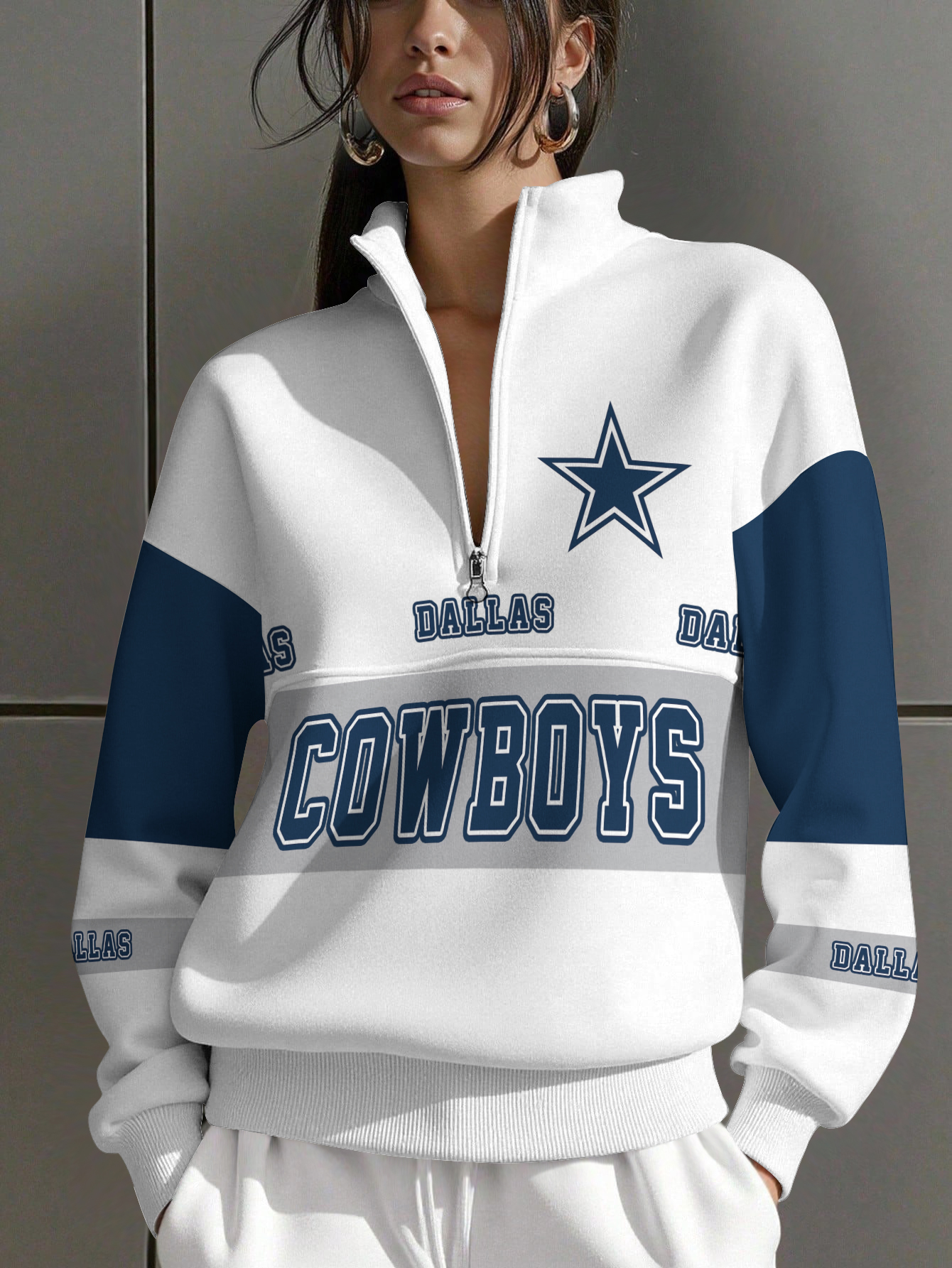 Dallas Cowboys  Women Plain Color Zip Up Long Sleeve Sweatshirt