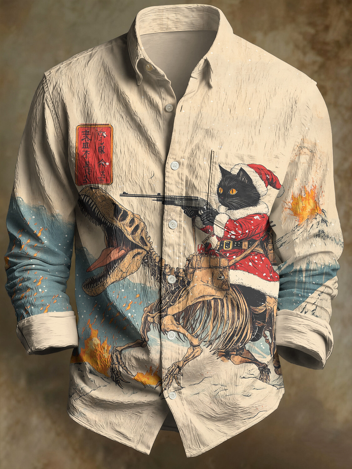 Men's Black Cat Dressed As Santa Claus Holding A Gun Print Long Sleeve Shirt