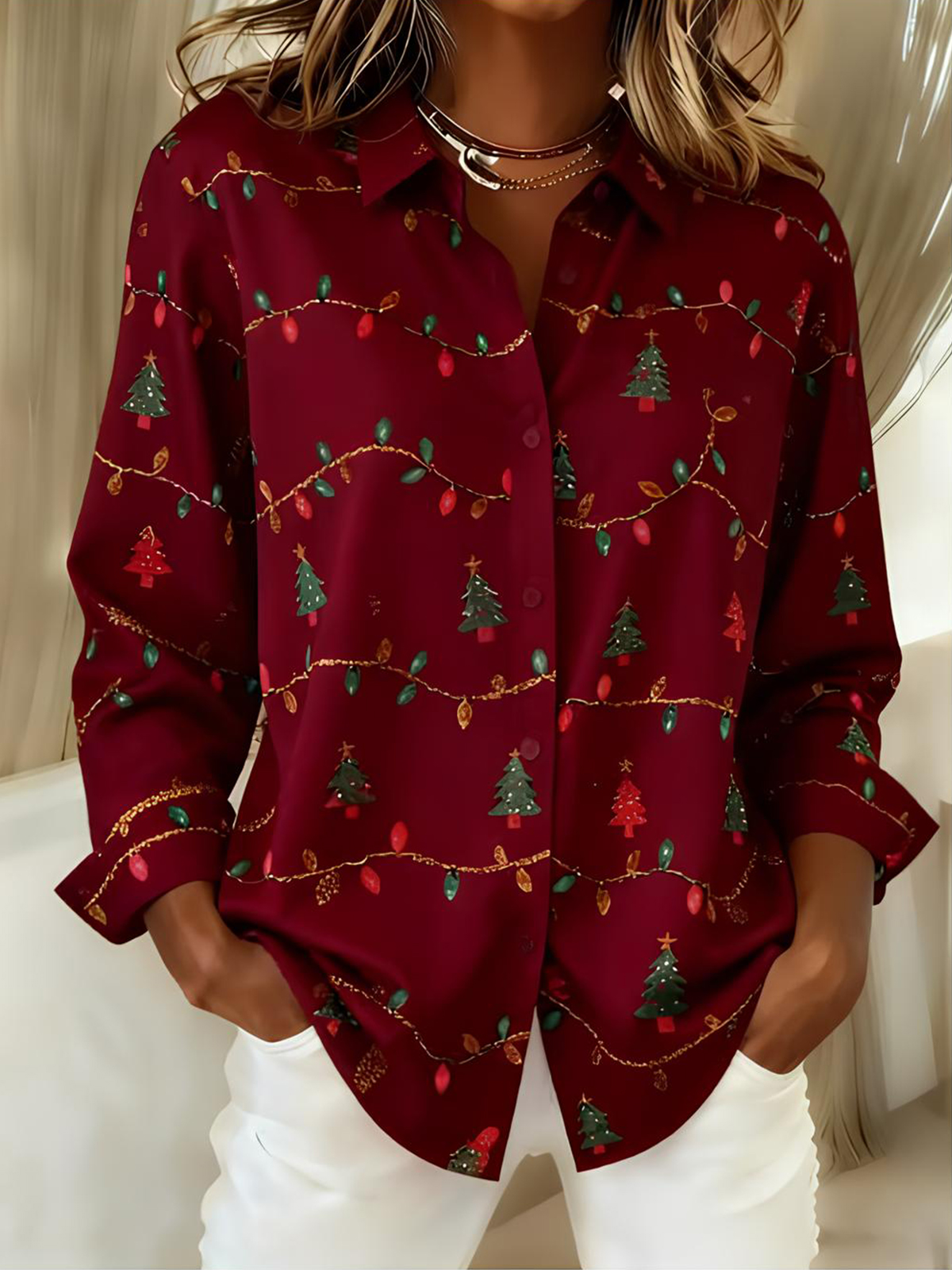 Women's Christmas Lights Print Long Sleeve Shirt