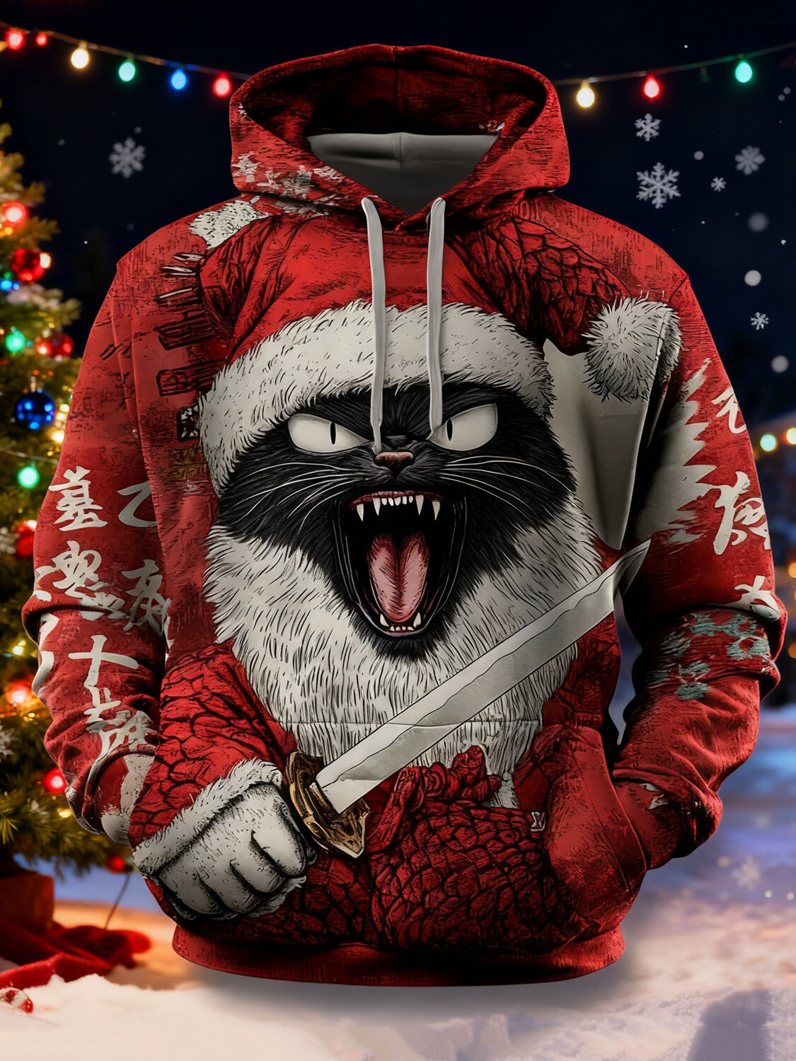 Men's Christmas Black Cat Japanese Calligraphy Art Print Casual Hoodie