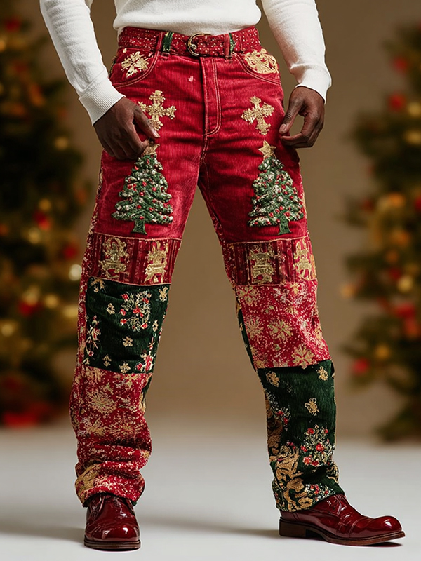 Men's Christmas Tree Patchwork Pattern Print Casual Corduroy Pants