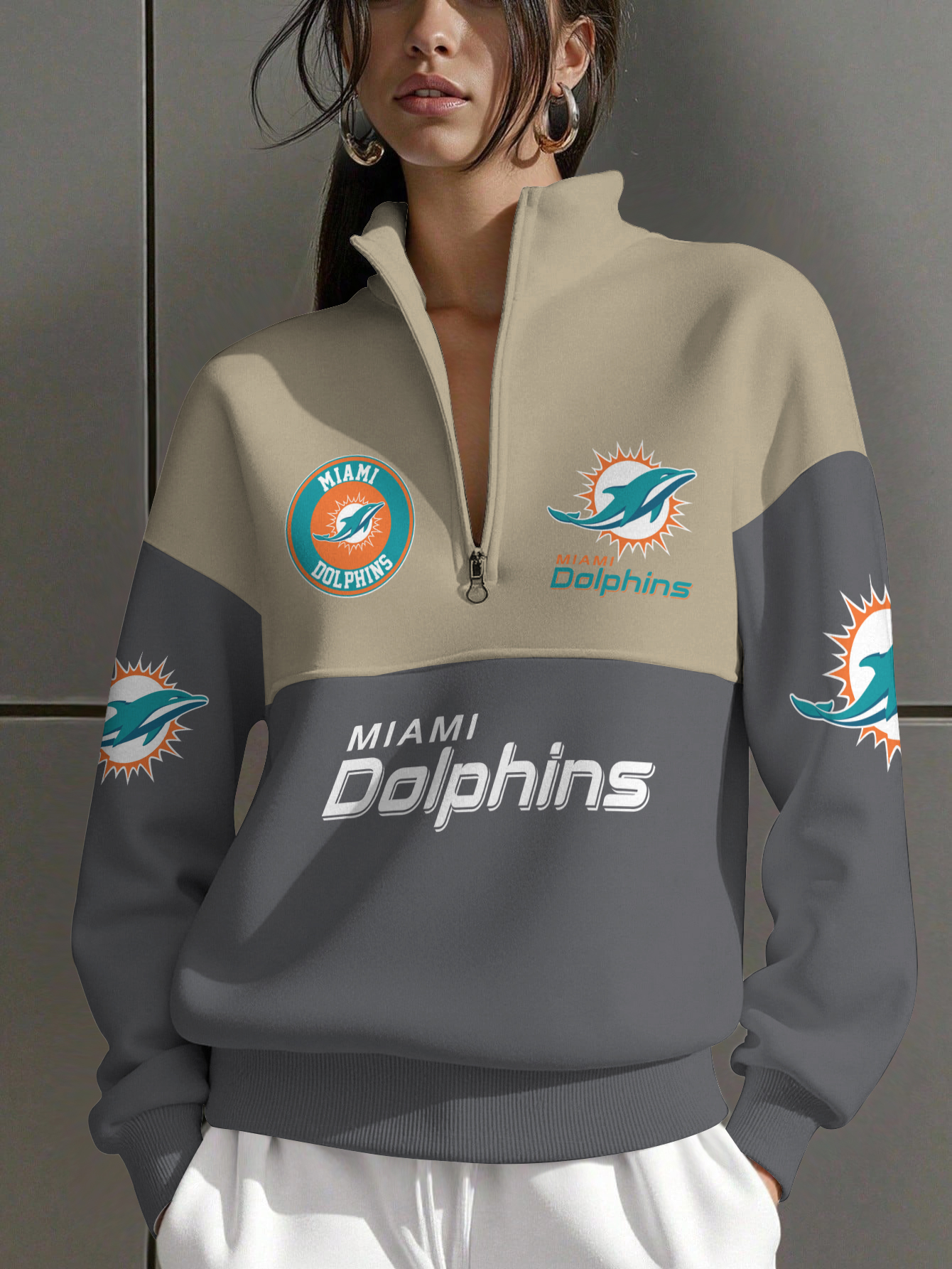 Miami Dolphins Women Plain Color Zip Up Long Sleeve Sweatshirt