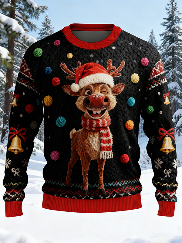 Men's Christmas Bell Reindeer Print Knit Sweatshirt