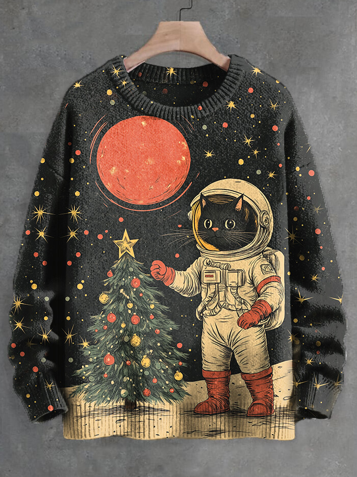 Men's Space Christmas Tree Astronaut Black Cat Print Knit Sweatshirt