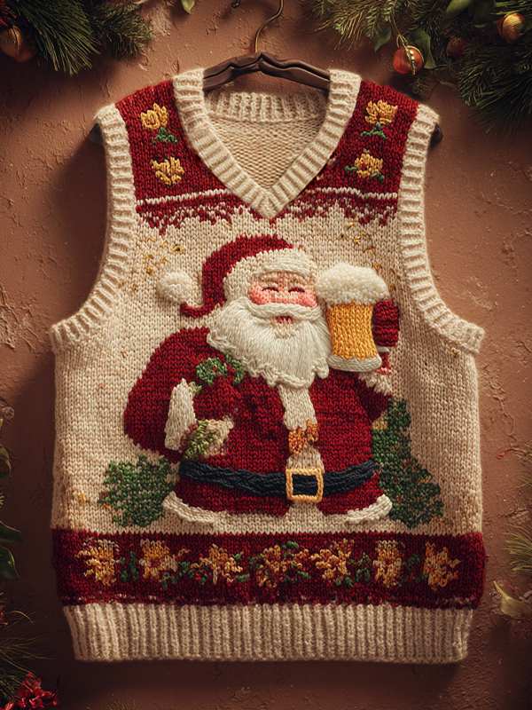 Men's V Neck Santa Claus Drinking Beer Print Knit Vest