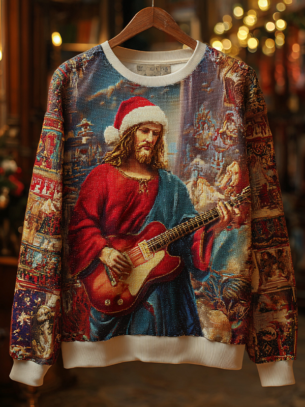 Men's Christmas Jesus Playing The Guitar Print Sweatshirt