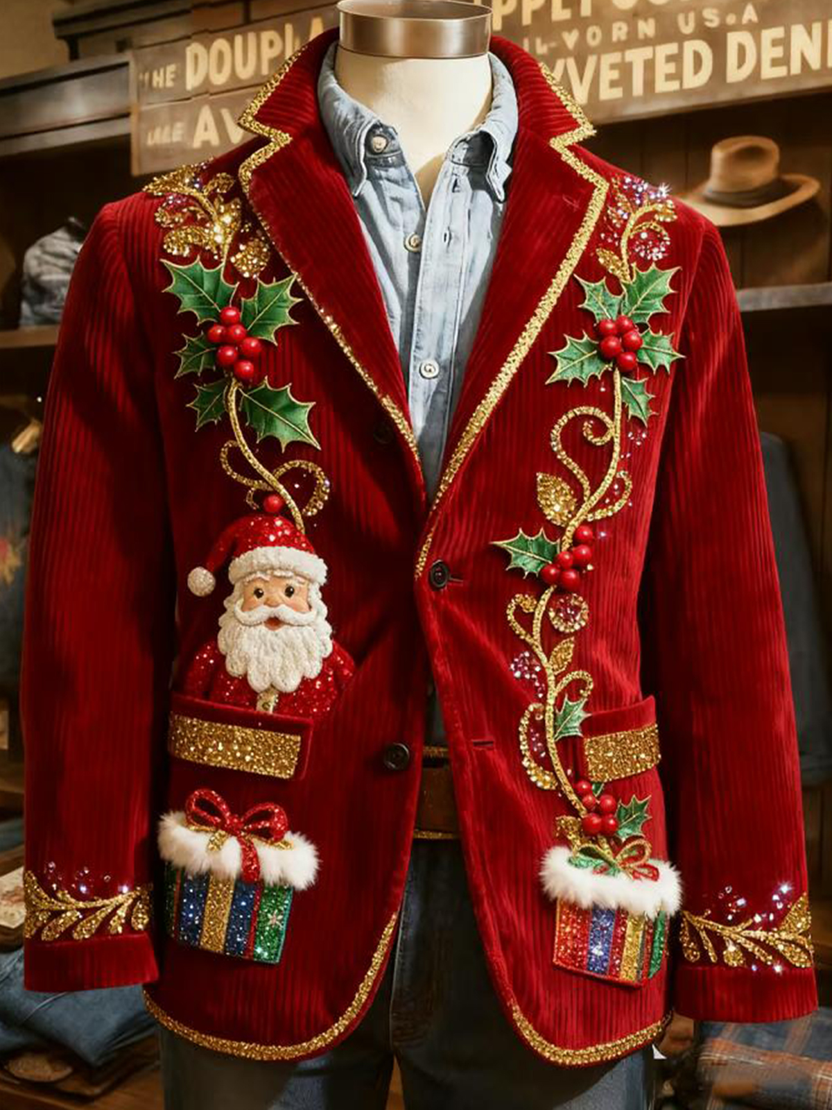 Men's Santa Claus Gift Plants Print Corduroy Blazer