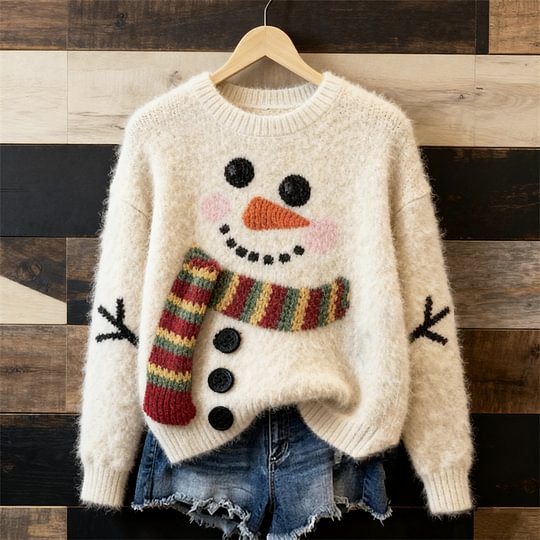 Women's Christmas Snowman Pattern Print Knit Sweatshirt