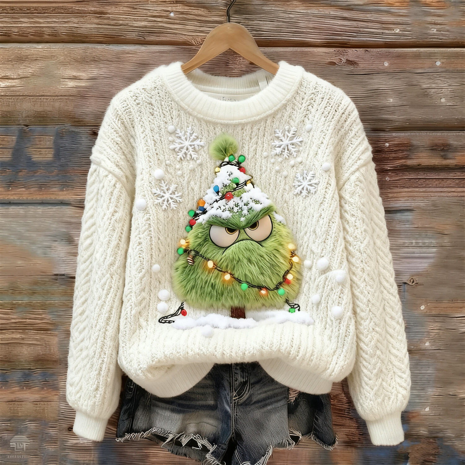 Women's Funny Angry Christmas Tree Print Knit Sweatshirt