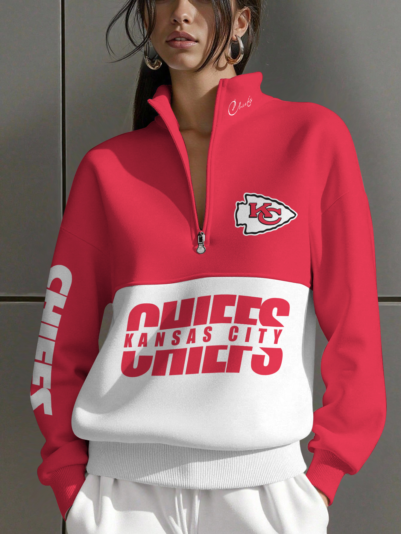 Kansas City Chiefs  Women Plain Color Zip Up Long Sleeve Sweatshirt