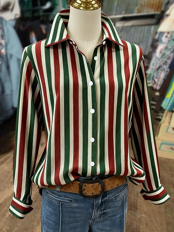 Women's Colorful Christmas Stripes Printed Long Sleeve Shirt