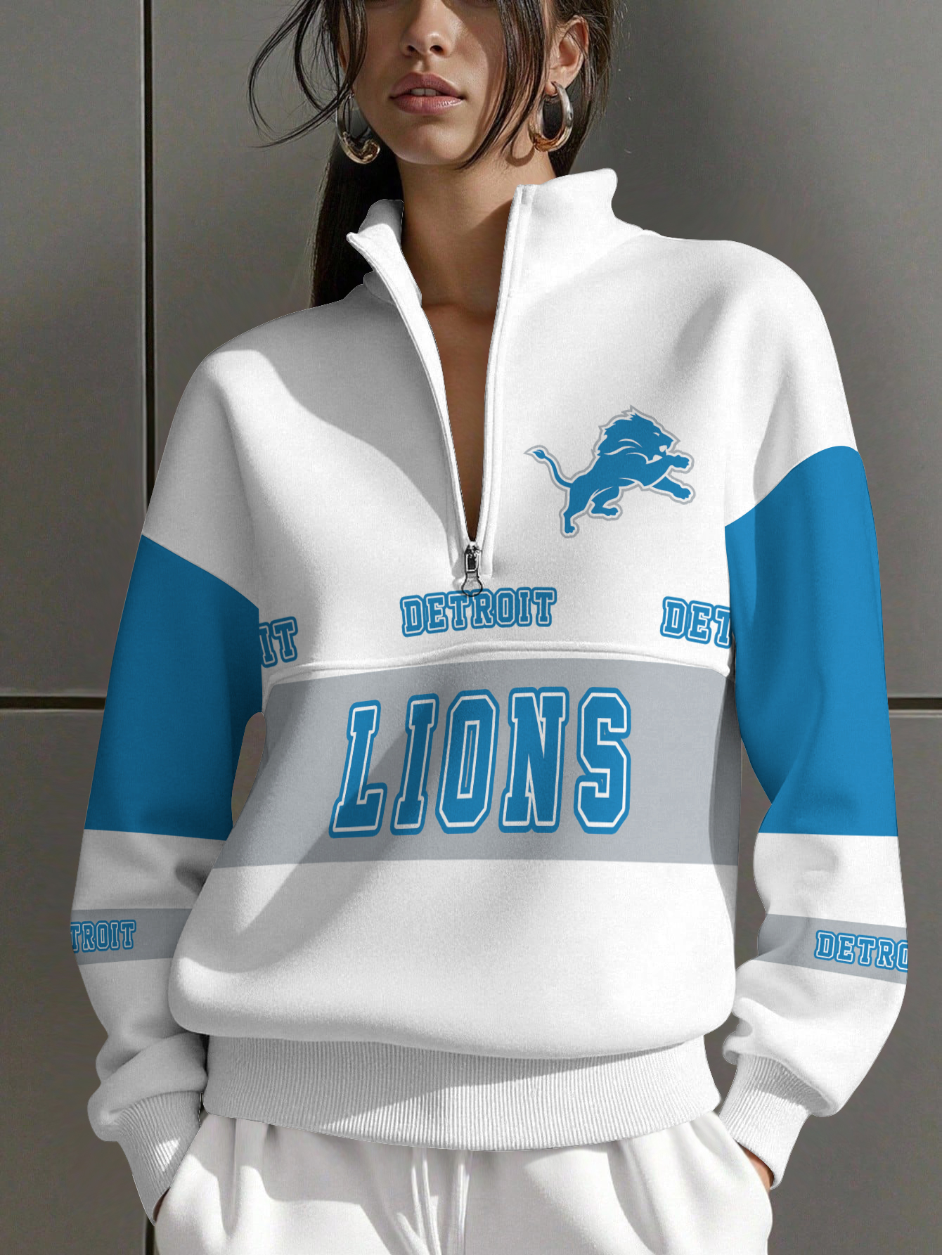 Detroit Lions  Women Plain Color Zip Up Long Sleeve Sweatshirt