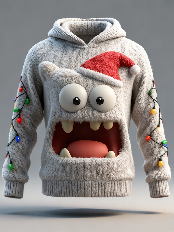 Men's Christmas Lights Cartoon Art Print Knit Hoodie