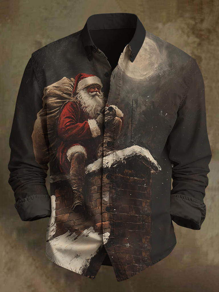 Men's Christmas Santa Claus Print Pocket Long Sleeve Shirt