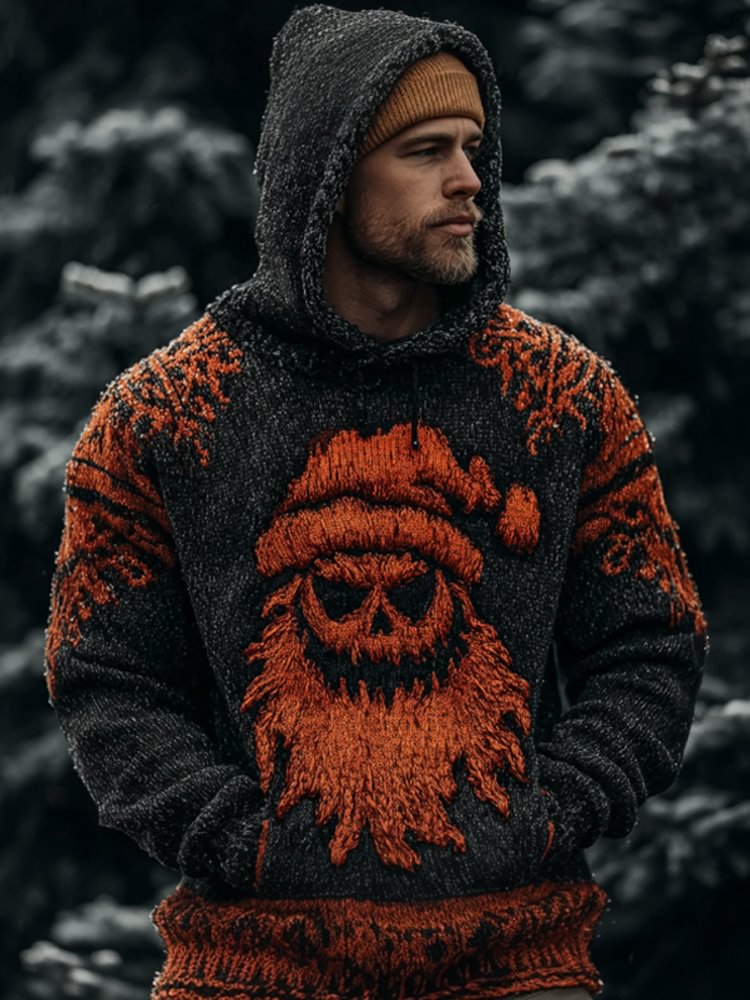Men's Christmas Skull Santa Claus Dark Art Print Knit Hoodie