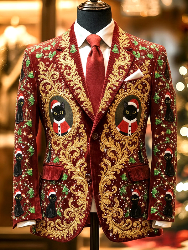 Men's Christmas Black Cat Santa Claus Print Corduroy Blazer
