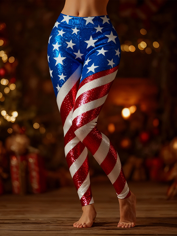Women's Christmas American Flag Stripes Art Print Leggings