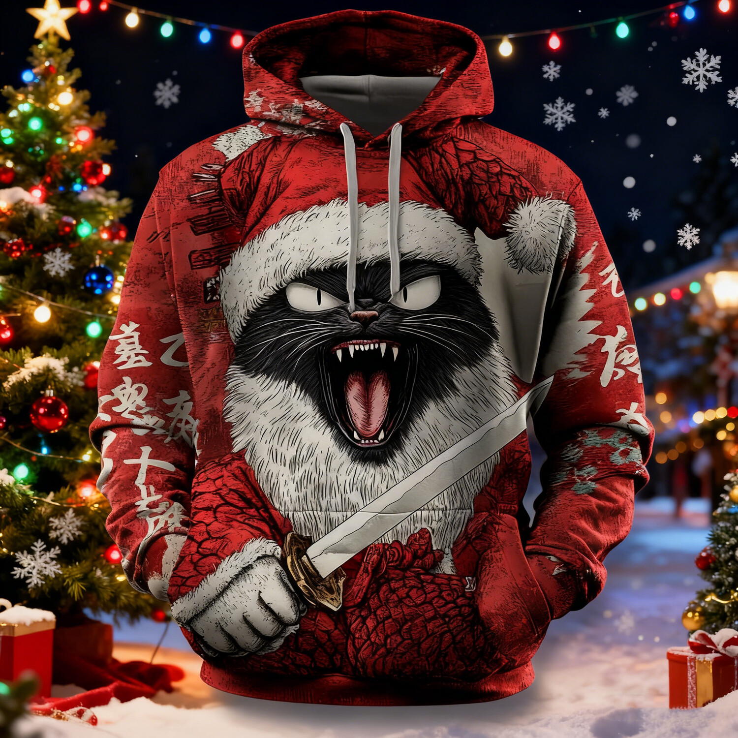 Men's Christmas Black Cat Japanese Calligraphy Art Print Casual Hoodie