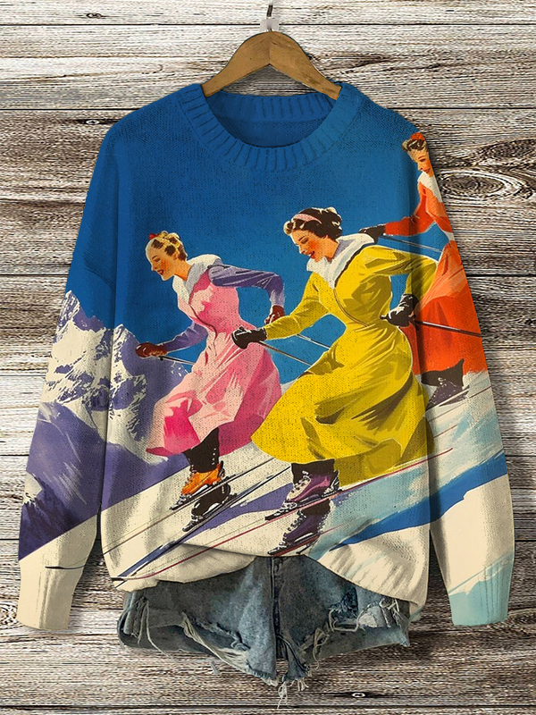 Women's Retro Skiing Art Print Knit Sweatshirt