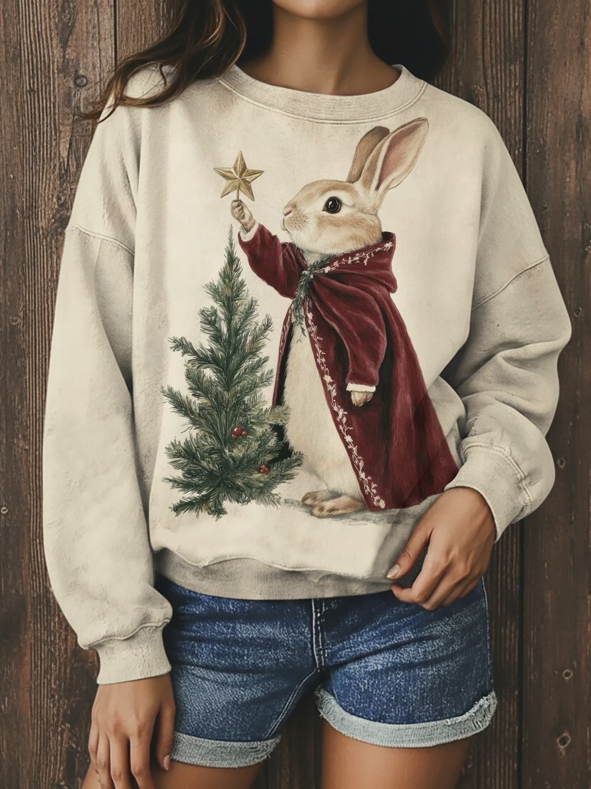 Women's Rabbit Christmas Tree Print Casual Sweatshirt