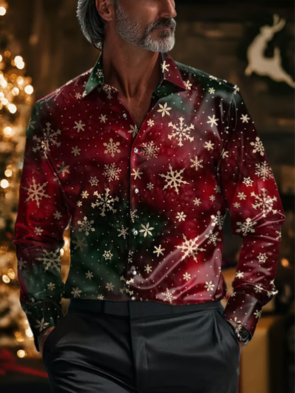 Men's Christmas Snowflake Gradient Color Blocks Print Long Sleeve Acetate Shirt