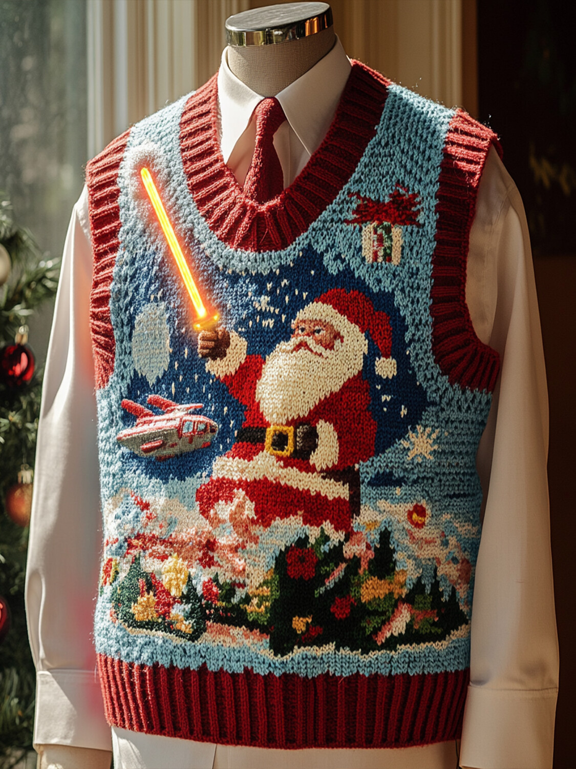 Men's Santa Claus Holding A Lightsaber Art Print Knit V Neck Vest