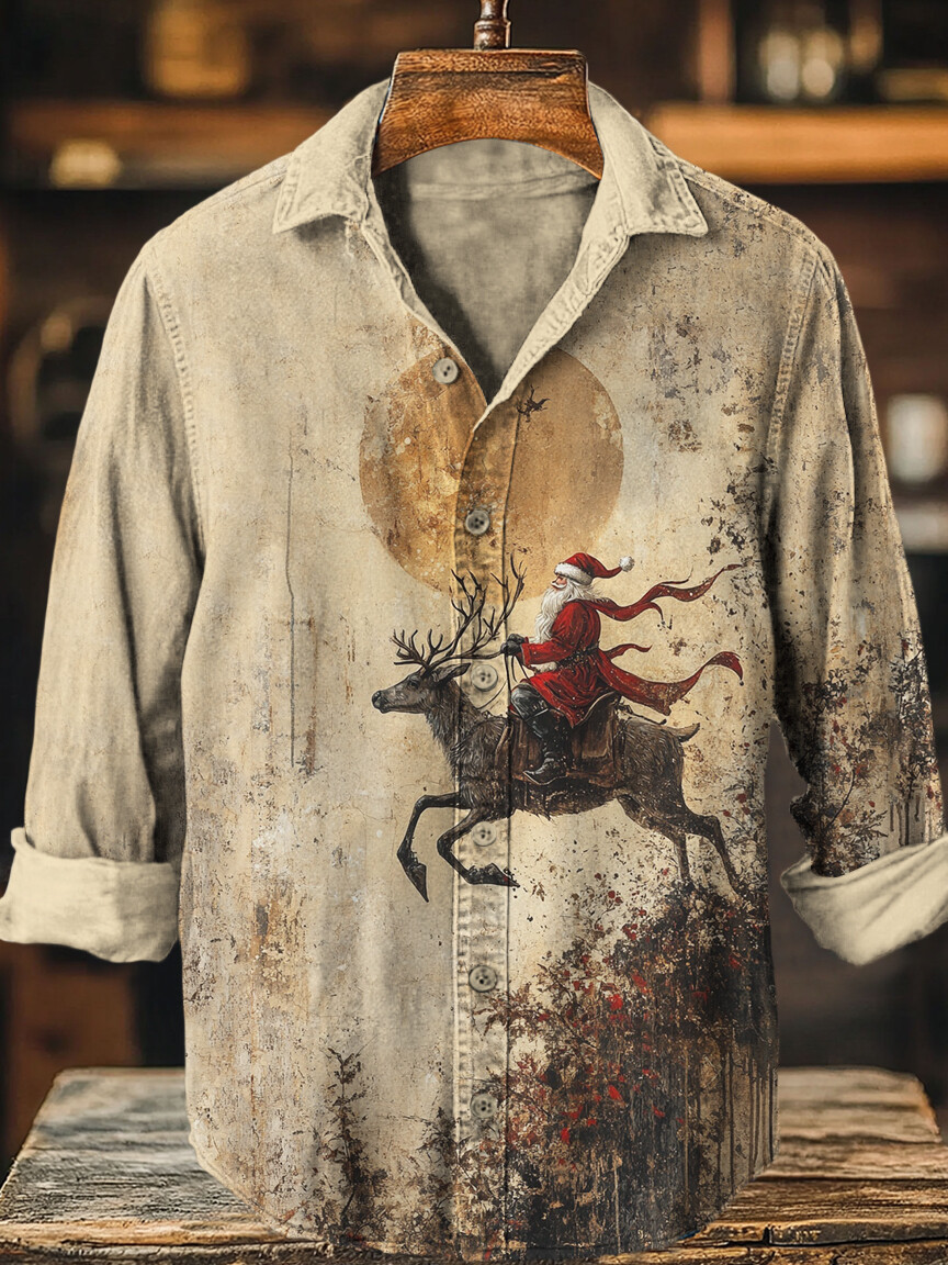 Men's Christmas Santa Claus Riding Reindeer Under The Moon Art Print Long Sleeve Shirt