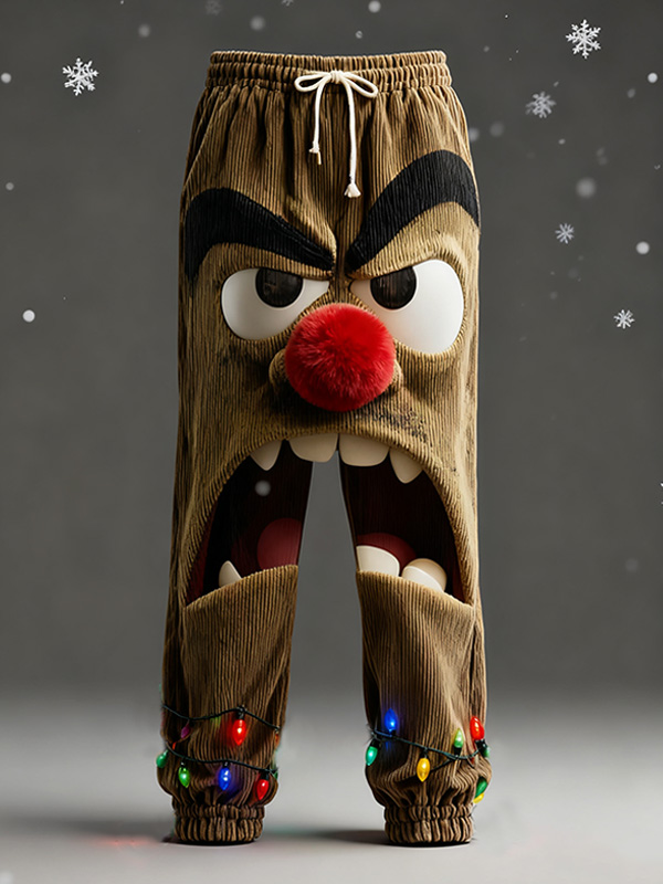 Men's 3D Grumpy Face Ugly Christmas And LED String Lights Art Print Casual Corduroy Pants
