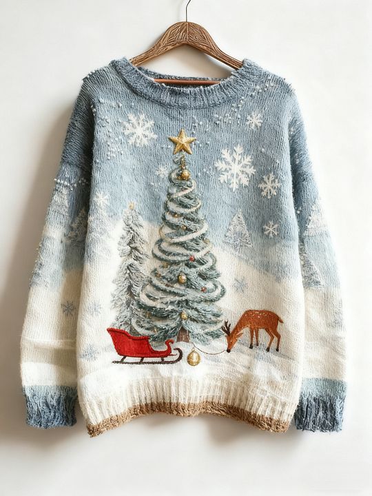 Women's Christmas Tree Reindeer And Sleigh Art Print Knit Sweatshirt