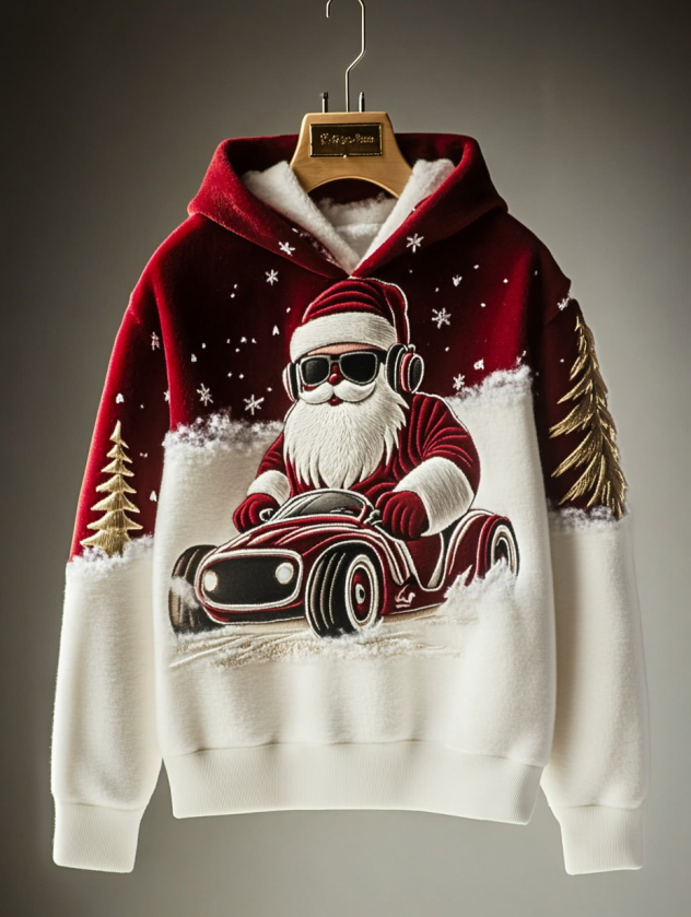 Men's Christmas Santa Claus Driving In The Snow Print Ribbed Hoodie