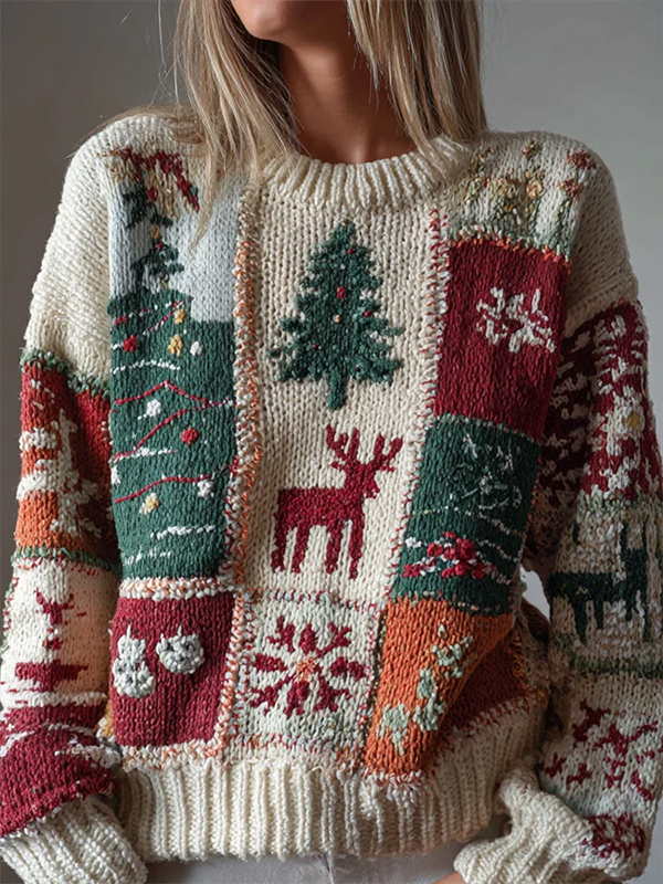 Women's Christmas Patchwork Patterns Art Print Knit Sweatshirt