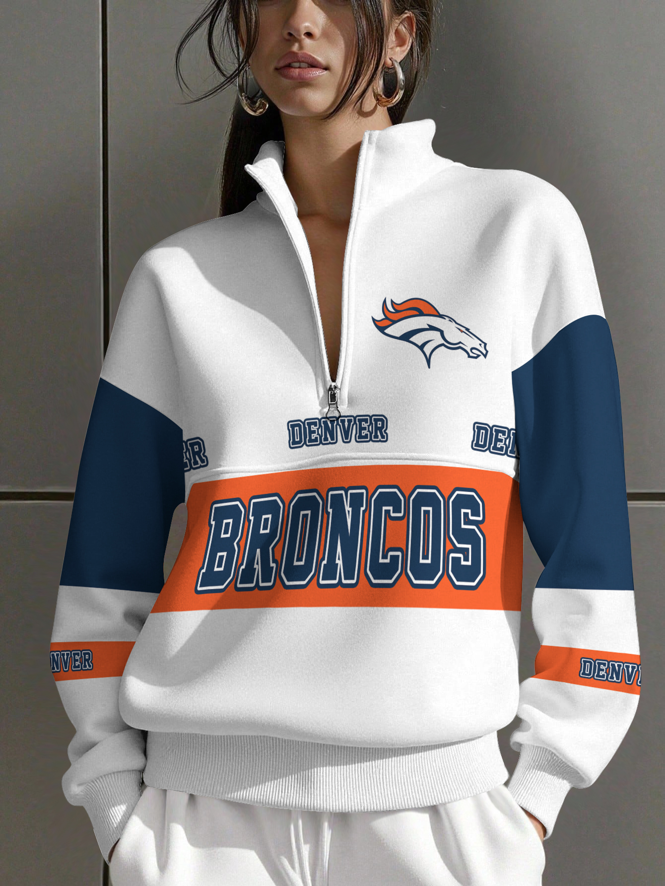 Denver Broncos  Women Plain Color Zip Up Long Sleeve Sweatshirt
