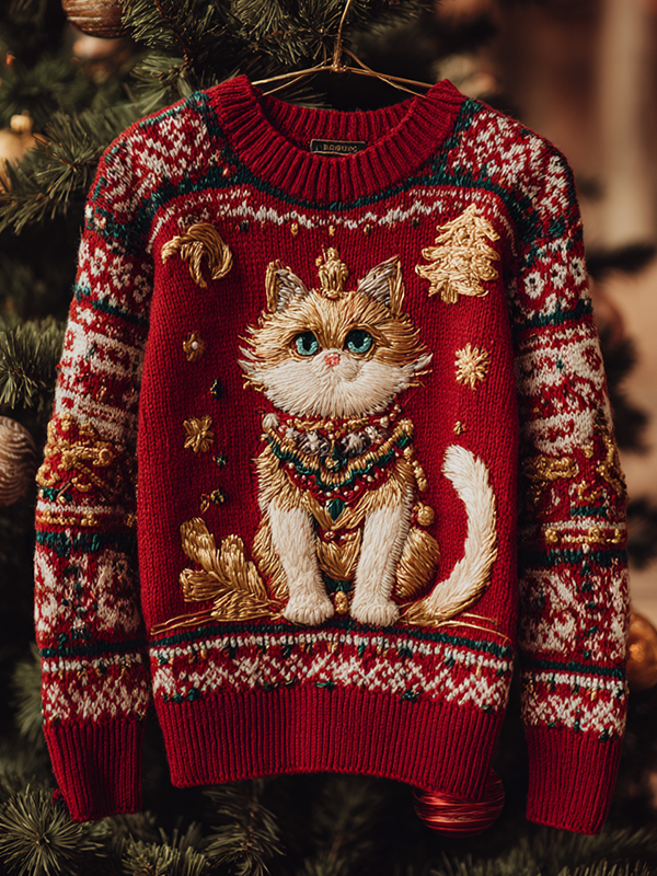 Women's Christmas Elegant And Gorgeous Cat Print Knit Sweatshirt